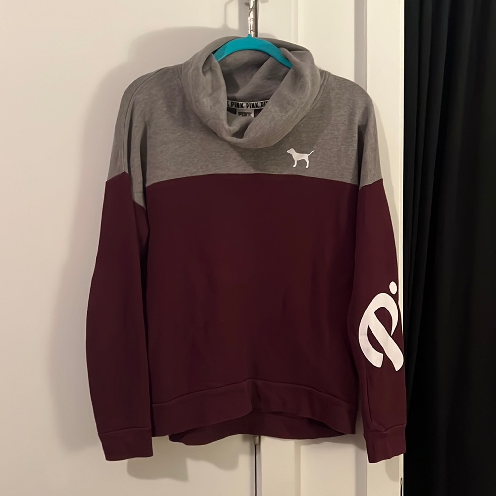 Pink Victoria’s Secret Gray Burgundy Cowl Neck Pullover Sweatshirt — Size: M